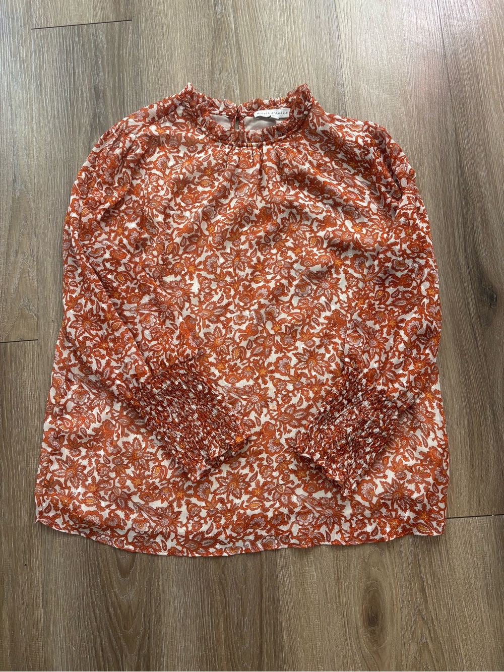 Women's Floral Smocked Cuff Blouse in Rust and White